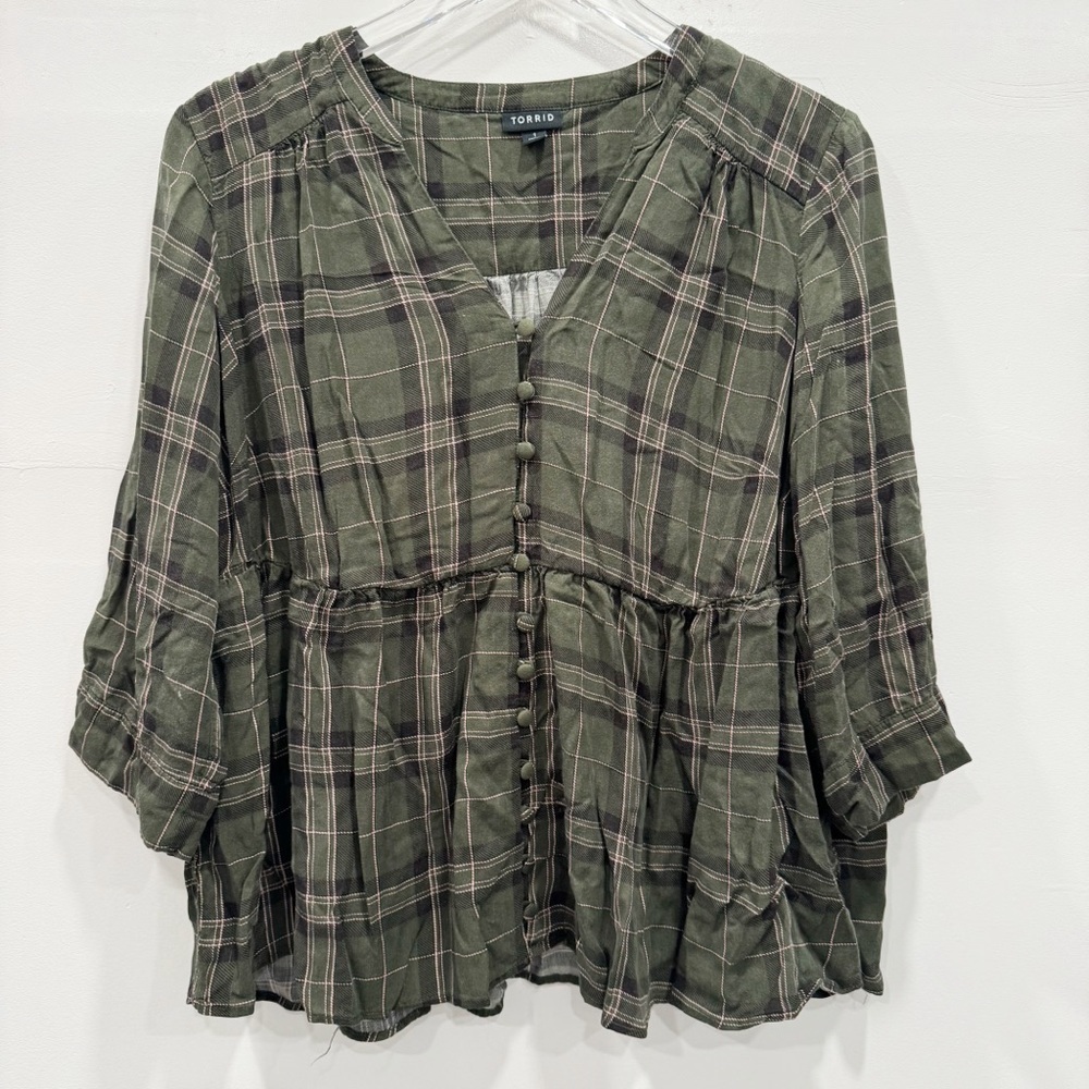 Torrid Green Plaid Babydoll V-Neck Top Blouse Size 1X